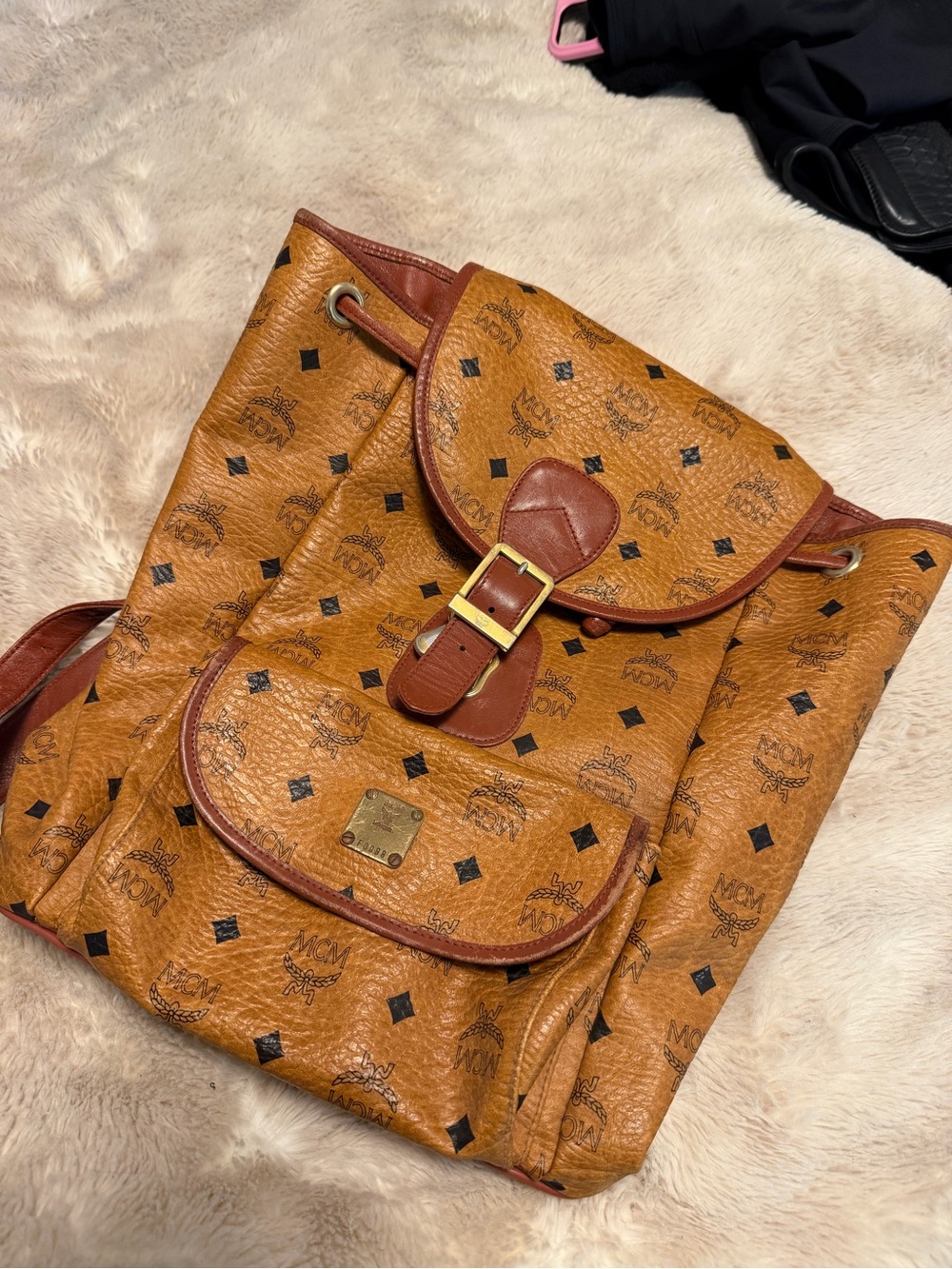 Vintage MCM Cognac Monogram Drawstring Backpack